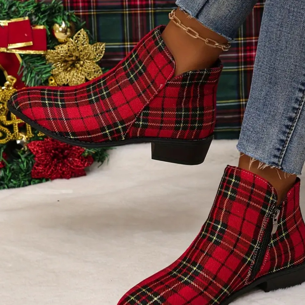 Plaid Ankle Boots - Red and Black